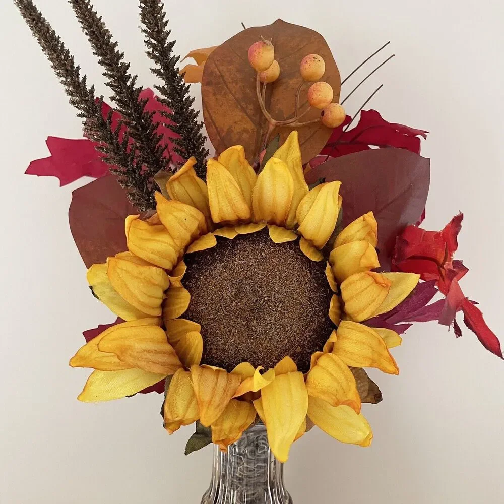 Handmade Artificial Sunflower & Fall Leaves Arrangement in Amber Glass Vase